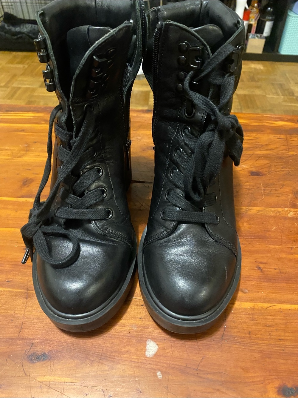 Steve Madden Black Lace-Up Combat Booties with Side Zip and Buckle Detail